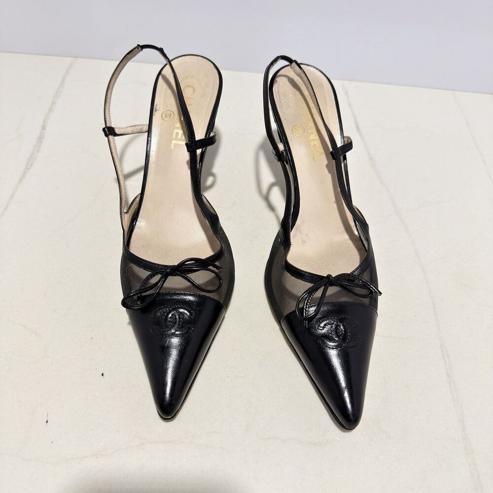 CHANEL BLACK MESH CC BOW SLINGBACK HEELS (IT 40) - Picture 2 of 16